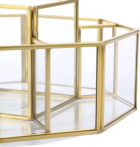 Vista 5 de Hipiwe Organizador de maquillaje de vidrio giratorio de 360 grados, 5 ranuras de metal dorado, soporte de exhibición de almacenamiento de cosméticos