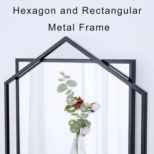 Vista 3 de Espejo de baño negro, espejo decorativo de 20 x 32 pulgadas para sala de estar con marco de metal hexagonal y rectangular, espejo de entrada