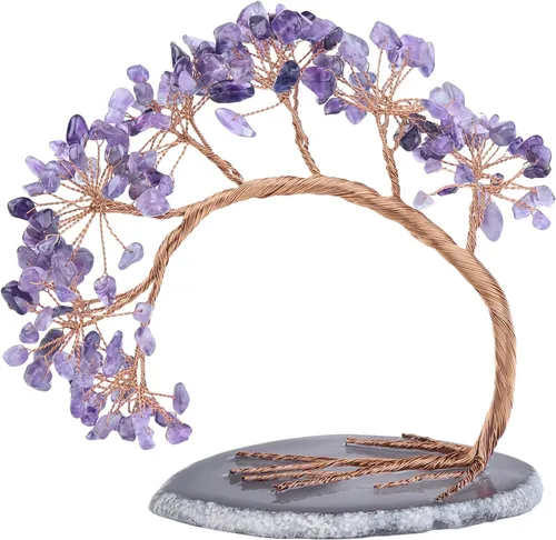 Vista 9 de SUNYIK Árbol de dinero de aguamarina curativa, árbol bonsái de cristal Fengnshui hecho a mano con base de ágata para suerte de riqueza, decoración