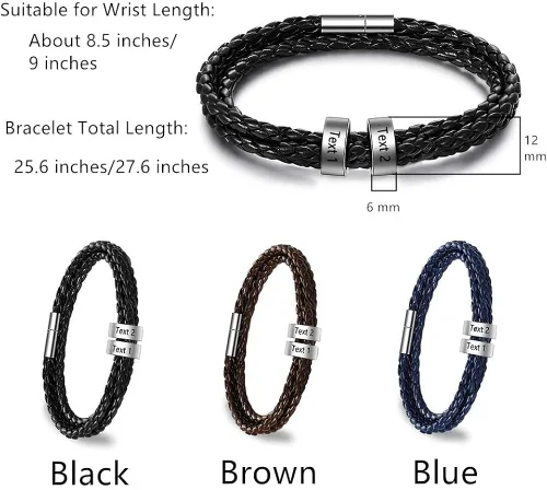 Vista 5 de Pulseras personalizables de cuero trenzado para hombre con 1-8 cuentas grabadas con nombre, pulsera de identificación para hombre, regalo para papá