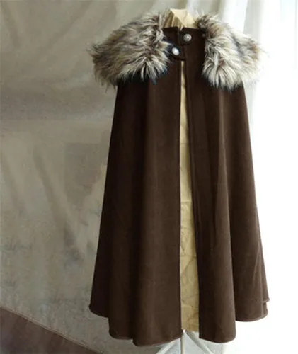 Vista 7 de Capa para hombre, abrigo de invierno cálido gótico de lana sintética con cuello de piel sintética, capa larga, capa vintage medieval vikinga