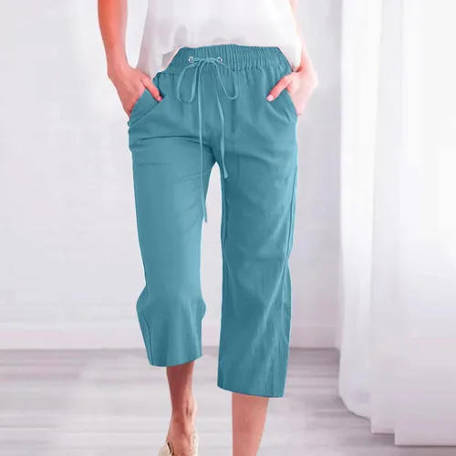 Vista 2 de Ceboyel Pantalones capri para mujer para verano, cintura elástica, pantalones de yoga, con cordón, pantalones de lino, pantalones de entrenamiento