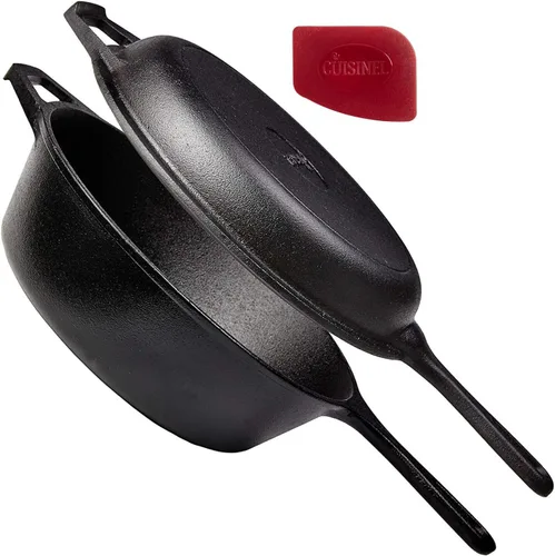 Vista 14 de Cuisinel Horno Holandés de Hierro Fundido - Olla Profunda de 3 Cuartos - Multicocina 2 en 1 Presazonada - Tapa Combinada que Funciona como Sartén