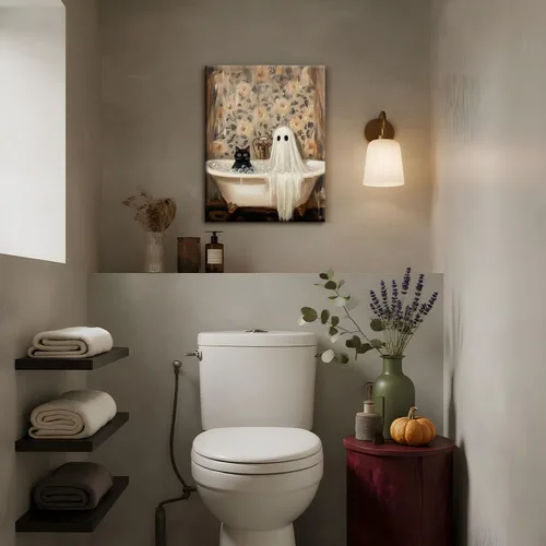 Vista 4 de Obras de arte en lienzo de fantasmas de Halloween para baño, decoración de pared con fantasmas de terror y lindo gato negro en la bañera, pinturas