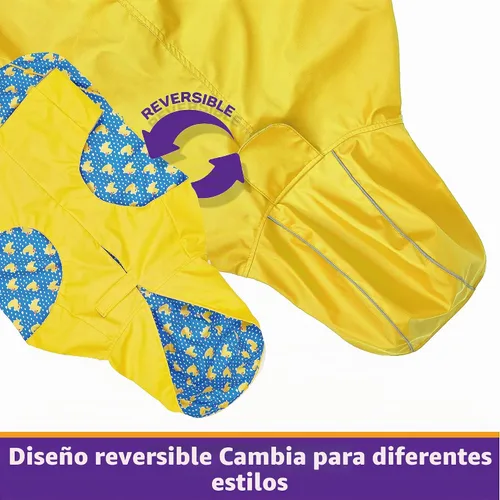 Vista 5 de Kimee - Impermeable reversible para perro, poncho protector de lluvia con capucha, chamarra impermeable ajustable con agujero para correa/tira