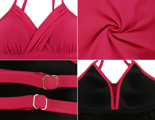 Vista 4 de coastal rose Tankini para mujer, cuello en V, parte superior de natación fruncida con control de abdomen