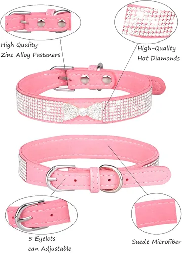 Vista 3 de Collar de perro para perros pequeños, collares ajustables de cuero de gamuza para perro, collar de perro rosa para gato, collar de perro con rosado4