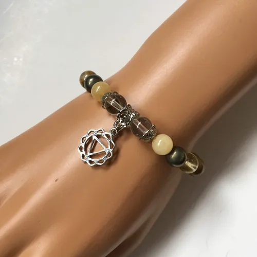 Vista 3 de Pulsera de chakra del plexo solar, jaspe oceánico, pirita, jade amarillo, citrino, joyería para el éxito, abundancia