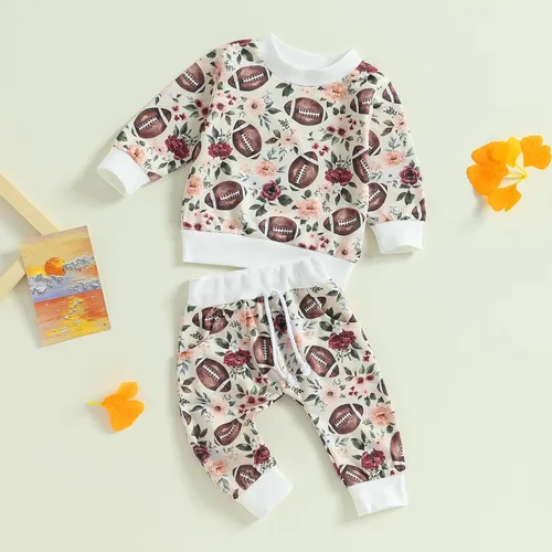Vista 6 de Muasaaluxi Traje de fútbol para bebé recién nacido, niña, niño, sudadera de manga larga con cuello redondo, pantalones deportivos, 2 piezas, ropa