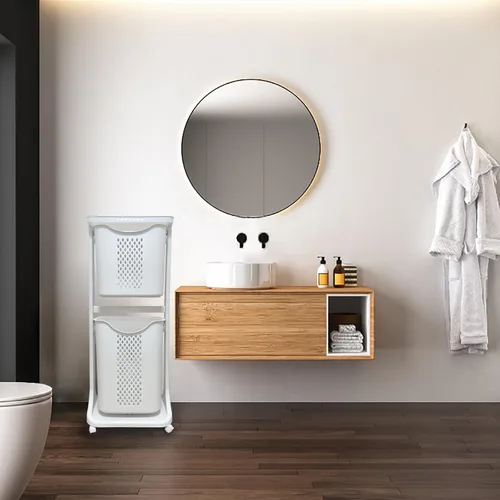 Vista 4 de Cesta de lavandería para baño, cesta de almacenamiento de ropa multicapa, estante de cocina simple, soporte de frutas (2 capas)