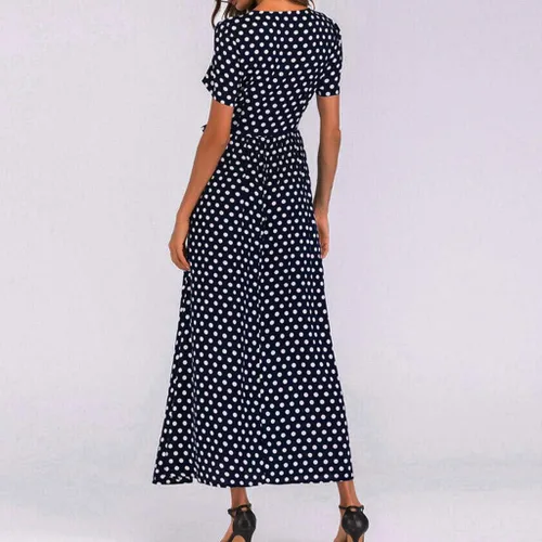 Vista 2 de Sunkessety - Vestido largo de verano con cuello redondo y manga corta con cinturón, elegante para fiesta