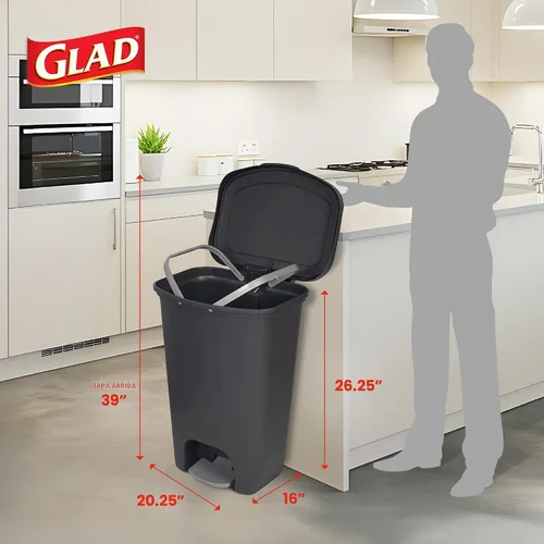 Vista 2 de Glad Paquete de 2 botes de basura de 13 galones, cubos de basura de plástico para cocina con protección contra olores de tapa, manos libres con Gris