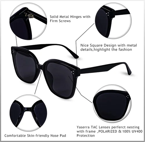 Vista 3 de Yaserra Lentes de sol polarizados cuadrados de gran tamaño para mujer, diseño de ojo de gato, lentes TAC TR90, marco UV400, protección UV400, Negro
