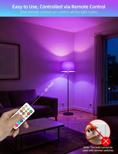 Vista 3 de ILC Bombilla LED equivalente a 85 W, bombillas que cambian de color, 2700 K, blanco cálido, control remoto RGB 6 modos, temporizador