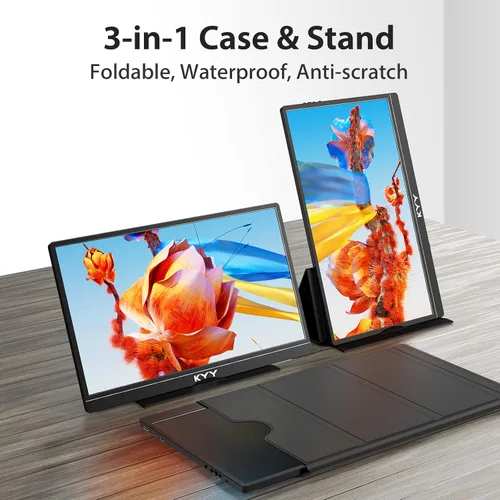 Vista 4 de KYY Monitor portátil de 15.6 pulgadas FHD 1080P USB-C HDMI con bolsa de cubierta inteligente y altavoces duales, pantalla externa de computadora