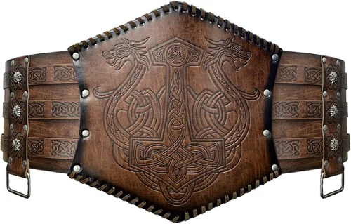 Vista 2 de HiiFeuer Viking - Armadura de cintura en relieve, cinturón ancho de piel sintética nórdica, cinturón de corsé medieval de caballero para disfraz LARP