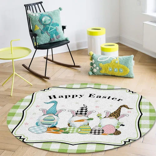 Vista 4 de Alfombra redonda para colección de baño, tapete de área para habitación, tapete de piso de feliz Pascua, lindo gnomo, búfalo, a cuadros, verde