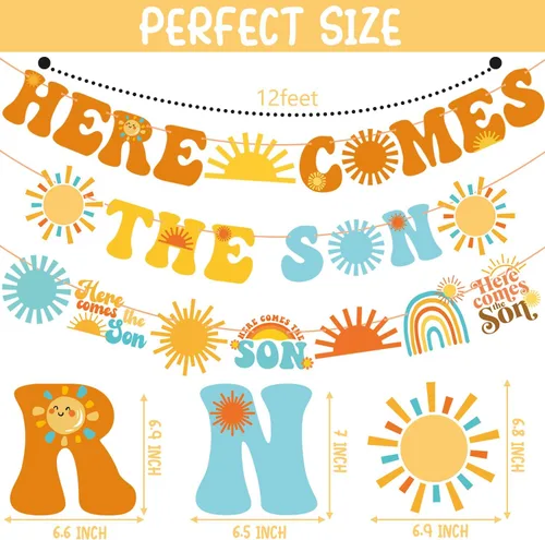 Vista 3 de Cartel para baby shower con texto en inglés «Here Comes The Son» «Here Comes The Sun», decoración para baby shower, 3 piezas, decoración de fiesta