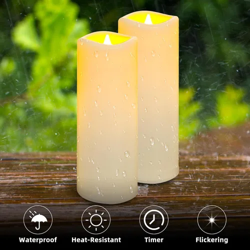 Vista 4 de Velas LED sin llama, paquete de 1, vela impermeable para exteriores con control remoto y temporizador, velas falsas de pilar parpadeantes