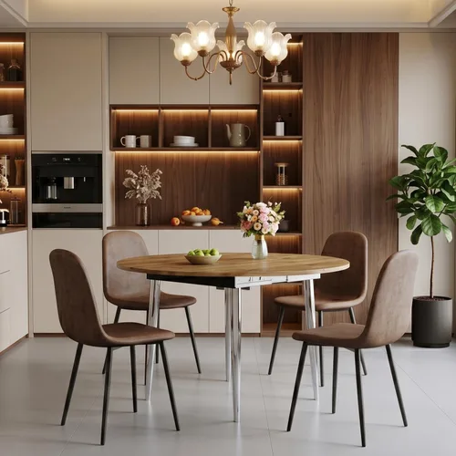 Vista 17 de FURNITO Juego de mesa de comedor de madera para 4, mesa extensible redonda a ovalada de 42 a 54 pulgadas con 4 sillas de tela, juego de comedor 4