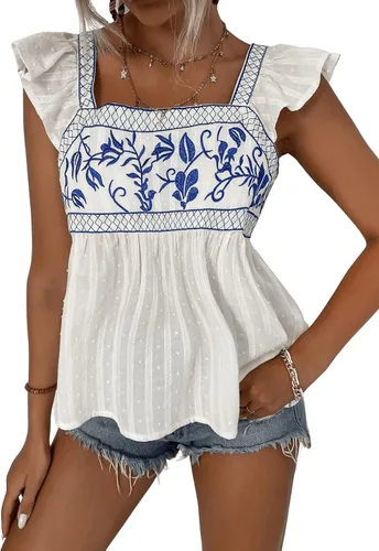 Vista 3 de SweatyRocks Blusa acampanada con volantes y bordado floral para mujer