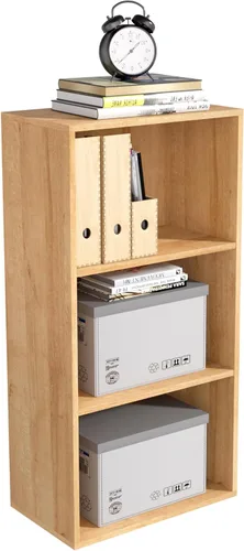 Vista 11 de Organizador de Almacenamiento de Madera de 3 Cubos, Estantería Baja de 3 Niveles Organizador de Exhibición de Almacenamiento Independiente, Estante