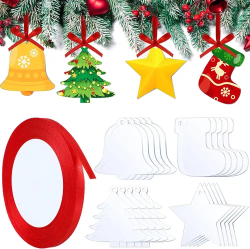 Vista 8 de Jetec Adornos de Navidad de acrílico transparente de 3 pulgadas, medias de Navidad con forma de campana, adornos acrílicos de Navidad con cinta