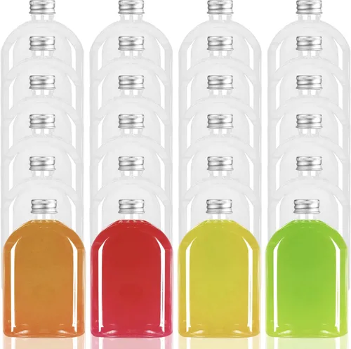 Vista 8 de Botellas de plástico con tapas, paquete de 24 botellas transparentes para jugos, botellas reutilizables para bebidas, recipientes transparentes a