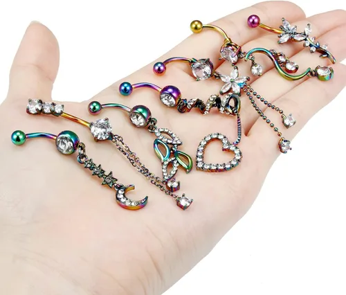 Vista 7 de 7PCS 14G 10mm Stainless Steel Dangle Belly Button Rings for Women Belly Piercing CZ Inlaid