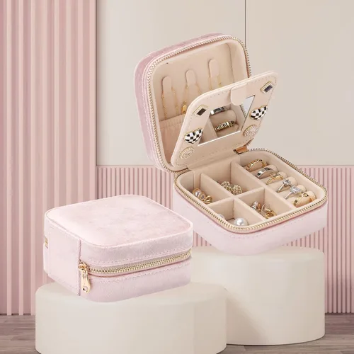 Vista 3 de Sightor Organizador de terciopelo para joyas, pequeño estuche de joyería con espejo portátil, estuche de almacenamiento de joyas para anillos