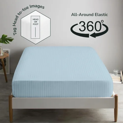 Vista 4 de Feather & Stitch - Sábana bajera ajustable de 100 % algodón, tejido satén de damasco, transpirable a rayas, sábana elástica para colchón de 18