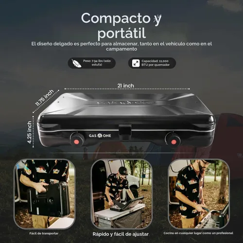 Vista 2 de GasOne - Estufa portátil de campamento – Estufa de propano doble con encendido automático de giro – 22,000 BTU con 2 quemadores y protector contra