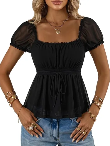 Vista 22 de SOLY HUX Blusa de verano de manga corta para mujer Blanco sólido