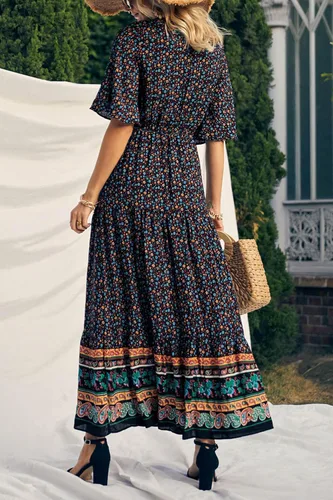 Vista 2 de PRETTYGARDEN - Vestido bohemio casual de verano para mujer, con estampado floral, cuello en V, manga corta, cintura alta, largo hasta el piso