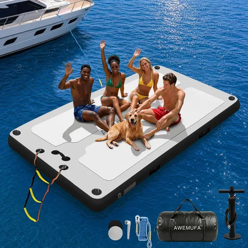 Vista 10 de AWEMUFA Muelle flotante inflable con rampa de 5 pies/6 pies/8 pies/10 pies, plataforma flotante flotante, tapete flotante de isla flotante, flotador