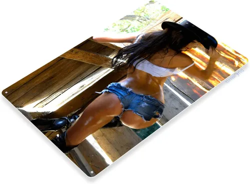 Vista 2 de Tinworld Letrero de estaño: Blue Jeans Hot Riders Pin-Up Girl Cowgirl Ranch Farm Shop Barn Metal Sign Decor B405