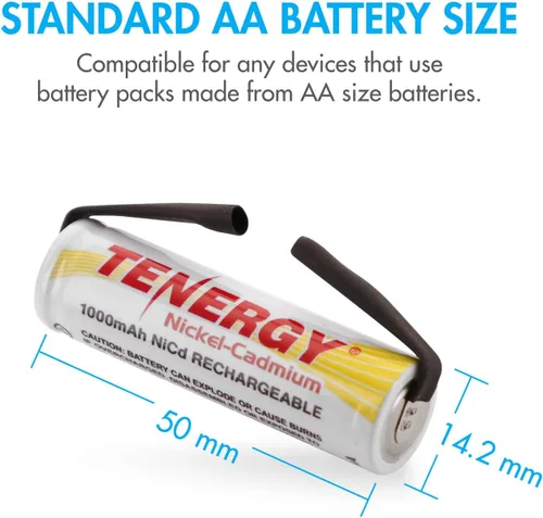 Vista 5 de Tenergy Batería recargable AA NiCD de 1.2 V, baterías de alta capacidad de 1000 mAh con pestañas para afeitadoras, recortadoras, maquinillas