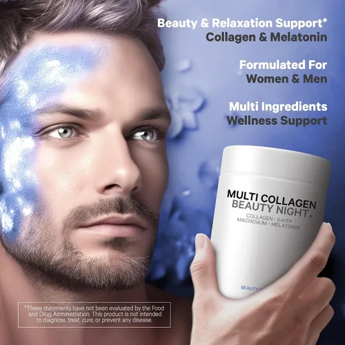 Vista 4 de Codeage Multi Collagen Protein Beauty Night - Melatonina, bisglicinato de magnesio, 5-HTP, L-teanina, flor de lavanda inglesa, caldo de hueso