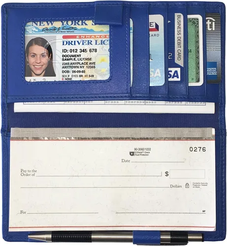 Vista 2 de RFID chequera de piel con ranuras para tarjetas de crédito y soporte para pluma.