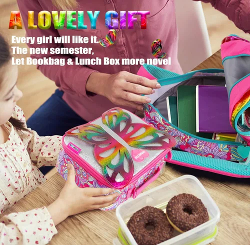Vista 2 de Mochila con lentejuelas y alas de mariposa con bolsa de almuerzo para niñas, niños y adolescentes, juego de mochila escolar para preescolar, Rosado