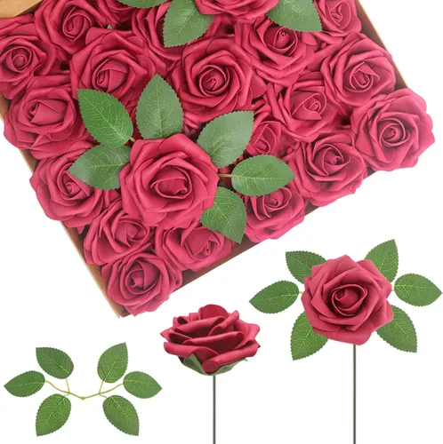 Vista 46 de 25 rosas realistas negras, flores artificiales de espuma de látex con tallos flexibles y 8 hojas para decoración de bodas, hogar y fiestas Negro
