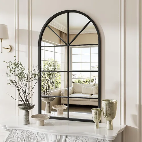 Vista 9 de Rowjut Espejo de pared en forma de arco de 30 x 20 pulgadas, espejo decorativo de pared y baño con marco de hierro, espejos de pared superior