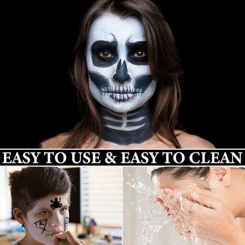Vista 5 de Kit de maquillaje de pintura facial de Halloween, pintura corporal negra y blanca, efectos especiales, fiestas, bromista blanco, cosplay, disfraz