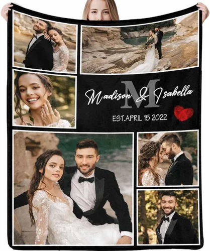 Vista 17 de Manta de fotos personalizada, manta de pareja de boda, con texto en inglés «He Asked And She Said Yes», 4 fotos, manta de boda, regalo romántico