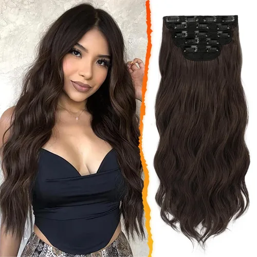 Vista 32 de BARSDAR Extensiones de cabello ondulado con clip negro marrón - 14 pulgadas, extensiones de cabello corto ondulado con clip para mujer - 5 piezas
