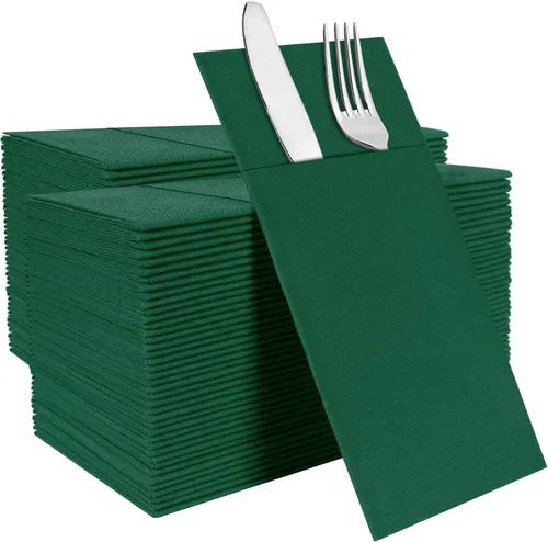 Vista 17 de Servilletas negras desechables con sensación de lino con bolsillo integrado para cubiertos, preplegadas para cuchillos y tenedores, servilletas