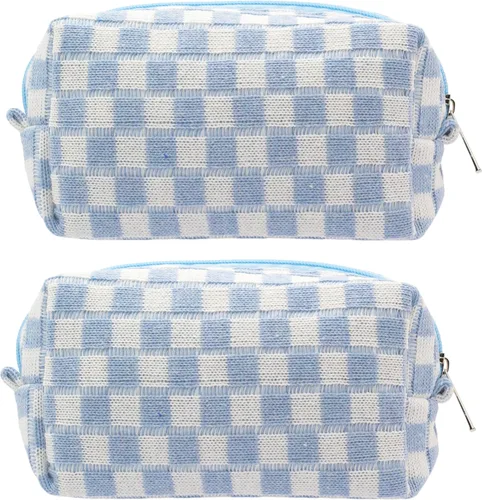 Vista 25 de PAZIMIIK Bolsa de Maquillaje a Cuadros para Bolso Portátil con Cremallera, Estuche Pequeño de Cosméticos para Accesorios de Viaje, Azul Ártico