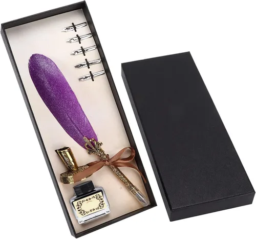 Vista 11 de Pen Set, Vintage Calligraphy Writing Suit with Metal Holder and Glass Ink Bottle, 1-5mm Flat Nib for Gothic Italian Script, Complete Gift Box for