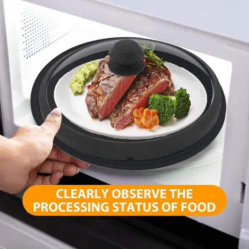 Vista 3 de Tapa de microondas de vidrio con protección contra salpicaduras con mangos de silicona anti-quemaduras y borde ventilado para cubrir ollas y platos