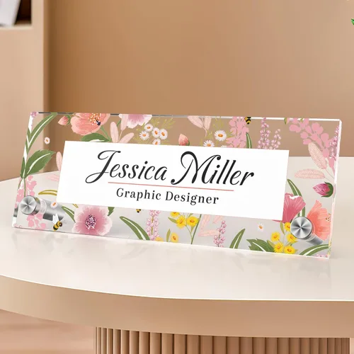 Vista 97 de Placa de identificación personalizada para escritorio, decoración de oficina de acrílico transparente con diseño de flores, decoraciones